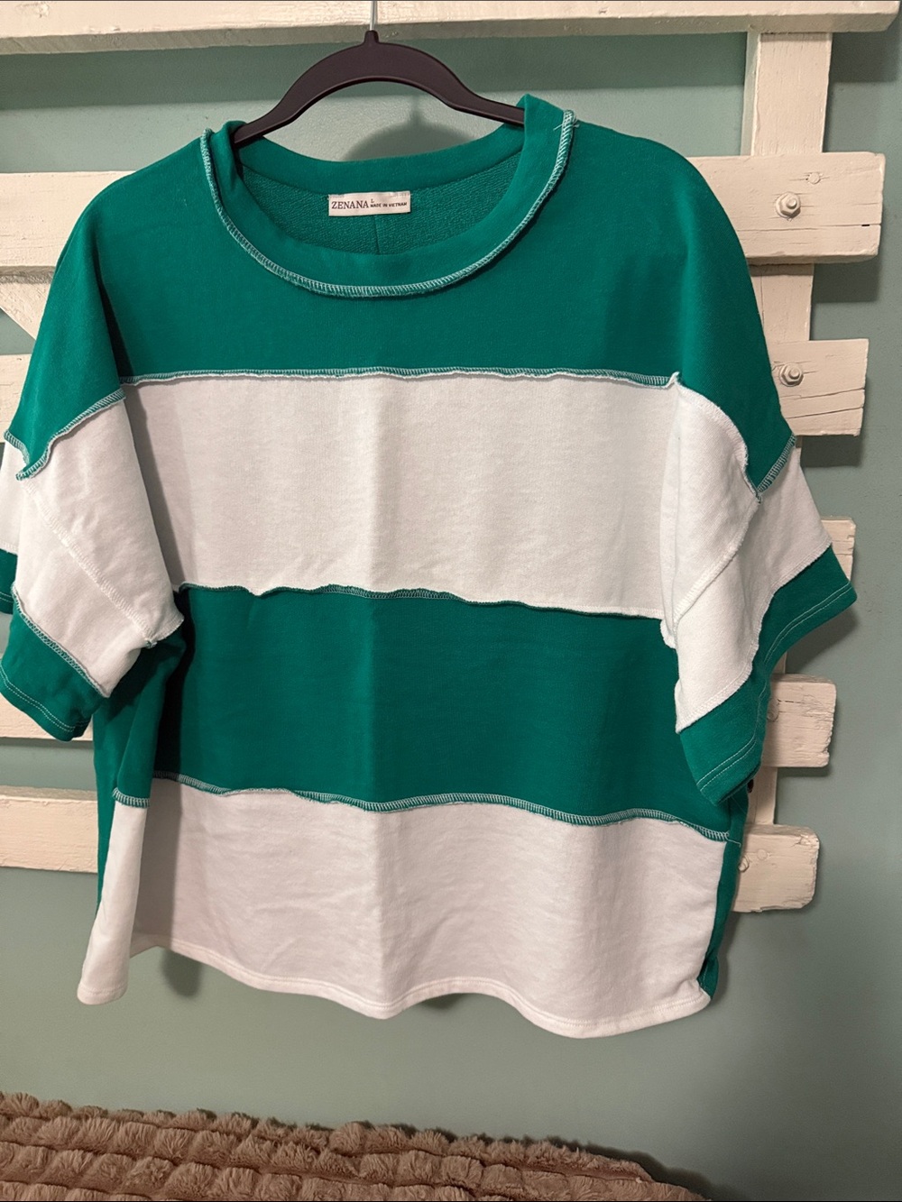 Zenana Kelly Green and White Striped Boxy Sweatshirt